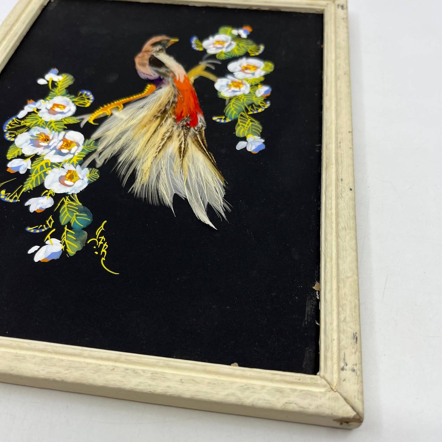 Antique Framed Feather Art Bird Postcard Made in Mexico 7x9.5 TI4