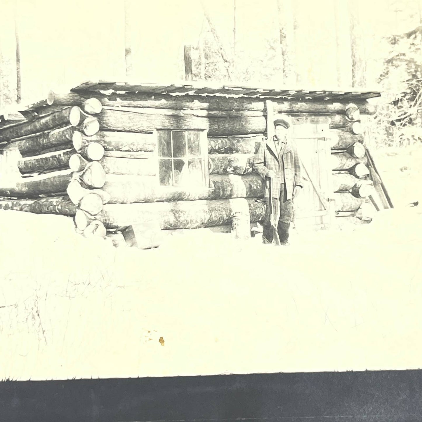 Antique Original Winter Log Cabin Hunting Photo  Set of 2 AC2
