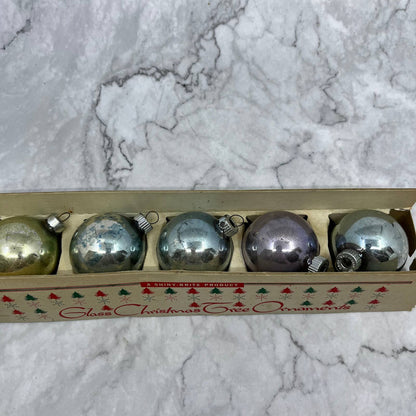 Shiny Brite Vintage Mercury Glass Ornaments Set of 5 in Box Pale Blue Silver 2"