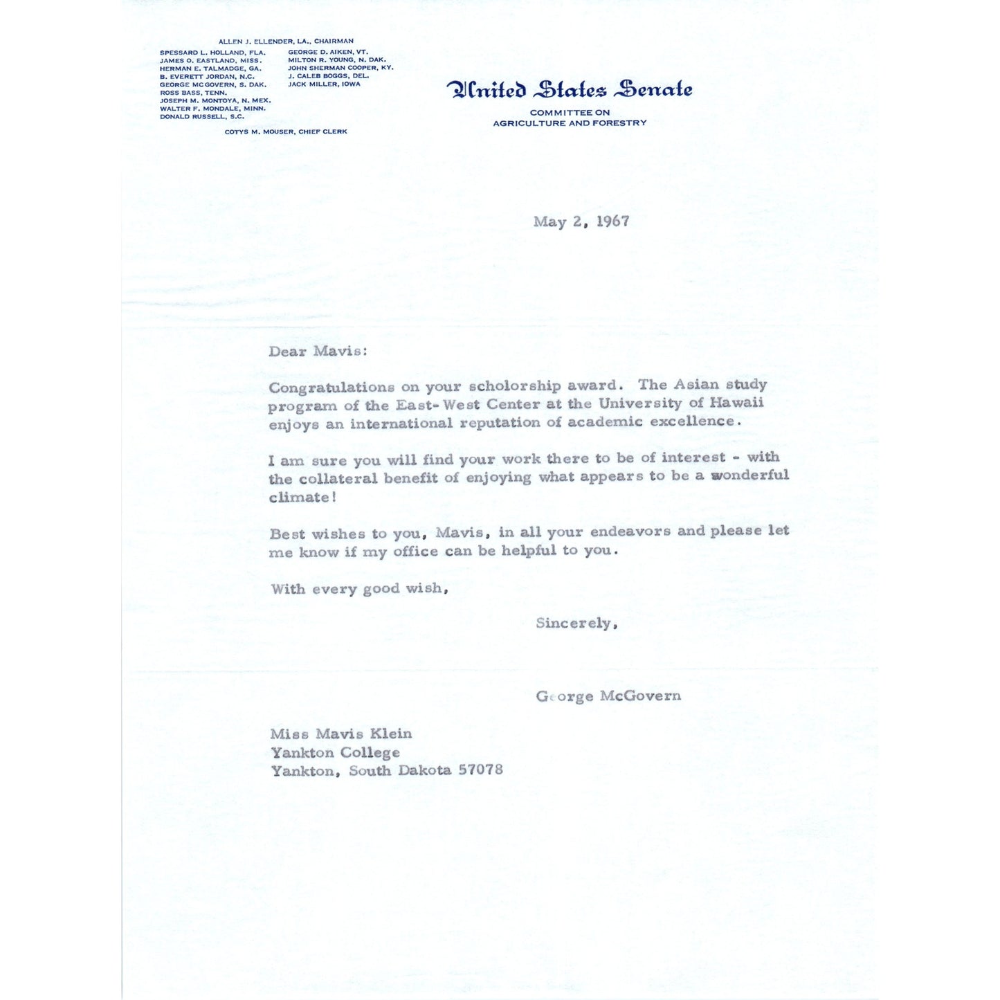 South Dakota Senator George McGovern Official Letterhead Signed May 1967 B12