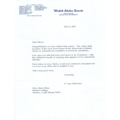 South Dakota Senator George McGovern Official Letterhead Signed May 1967 B12