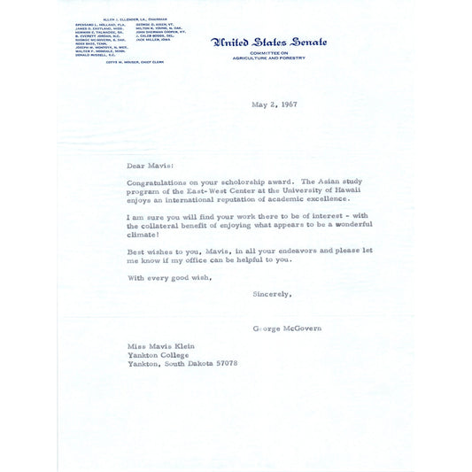 South Dakota Senator George McGovern Official Letterhead Signed May 1967 B12