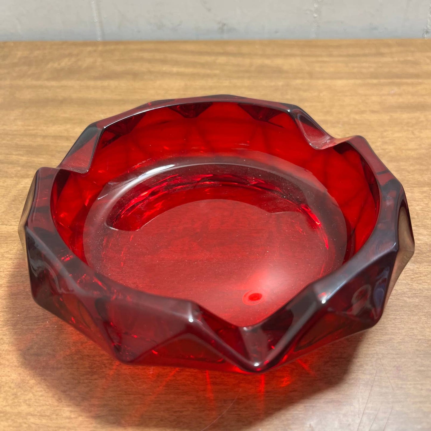 1967 MCM Ruby Red Diamond Cut Viking Art Glass Cigar Tray 6” Ashtray TB2