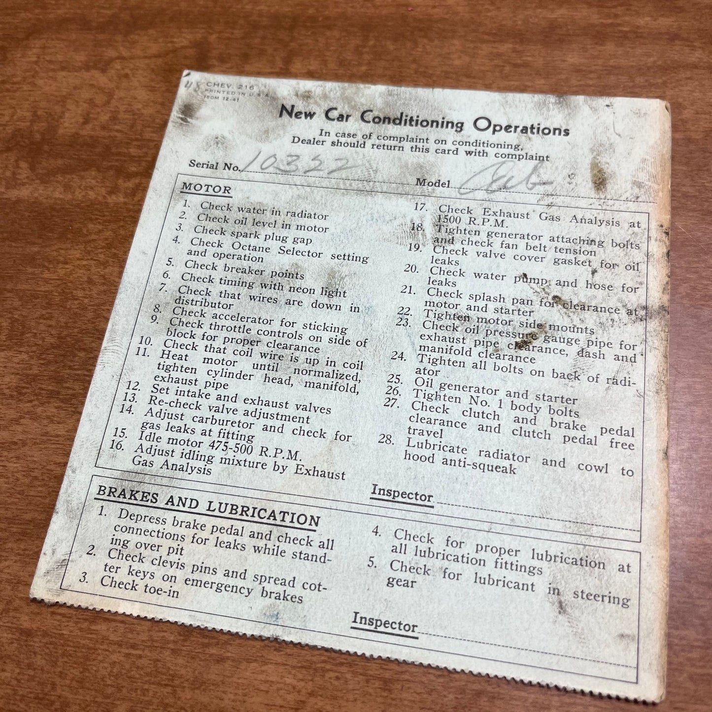 1948 Chevrolet Chevy New Car Conditioning Operations Inspection Card AK7-1