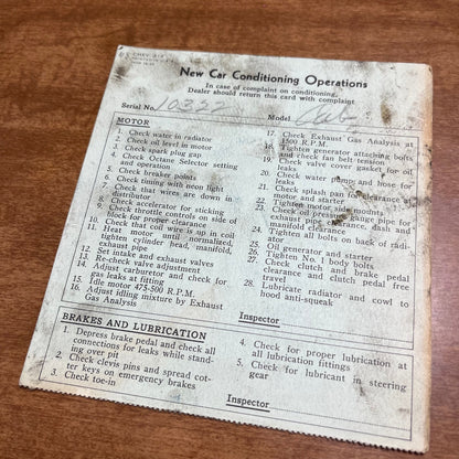 1948 Chevrolet Chevy New Car Conditioning Operations Inspection Card AK7-1