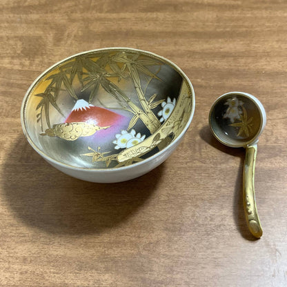 1950s Japanese Moriage Mt Fuji Hand Painted Footed Bowl & Mayonnaise Spoon TB7