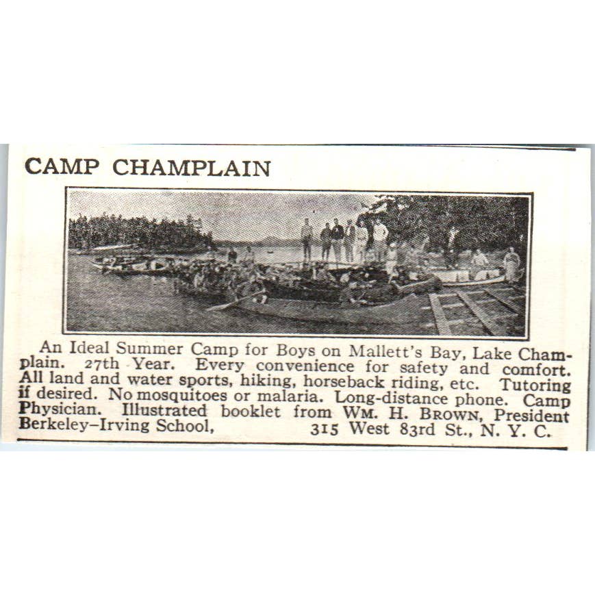 c1920 Harper's Magazine Ad - Camp Champlain Mallett's Bay Wm. H. Brown EA3-1