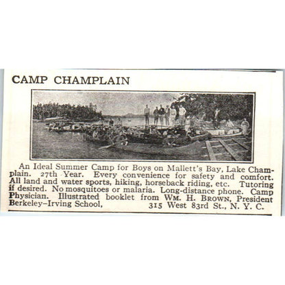 c1920 Harper's Magazine Ad - Camp Champlain Mallett's Bay Wm. H. Brown EA3-1