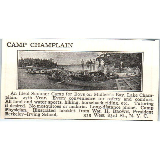 c1920 Harper's Magazine Ad - Camp Champlain Mallett's Bay Wm. H. Brown EA3-1