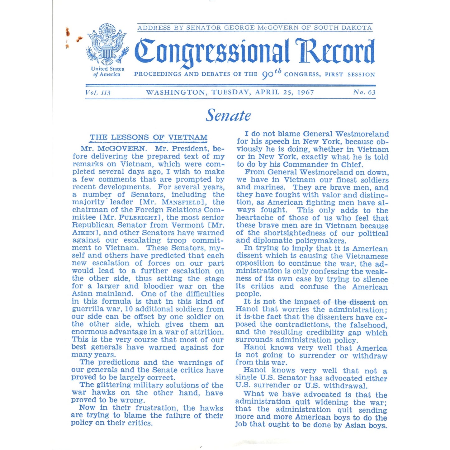 The Congressional Record Apr 25 1967 George McGovern Address on Vietnam B13