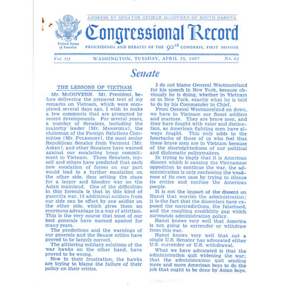 The Congressional Record Apr 25 1967 George McGovern Address on Vietnam B13
