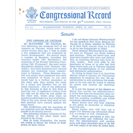 The Congressional Record Apr 25 1967 George McGovern Address on Vietnam B13