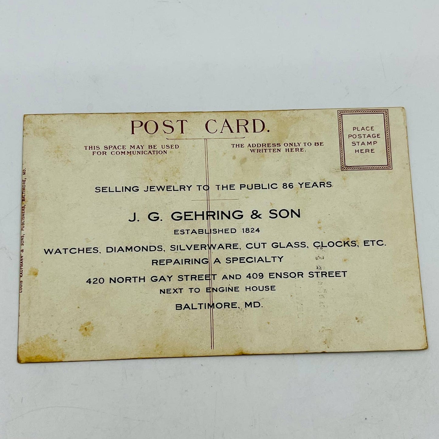 1910s No. 6 Engine House Baltimore MD JG Gehrig & Son Jewelers Trade Card PA8