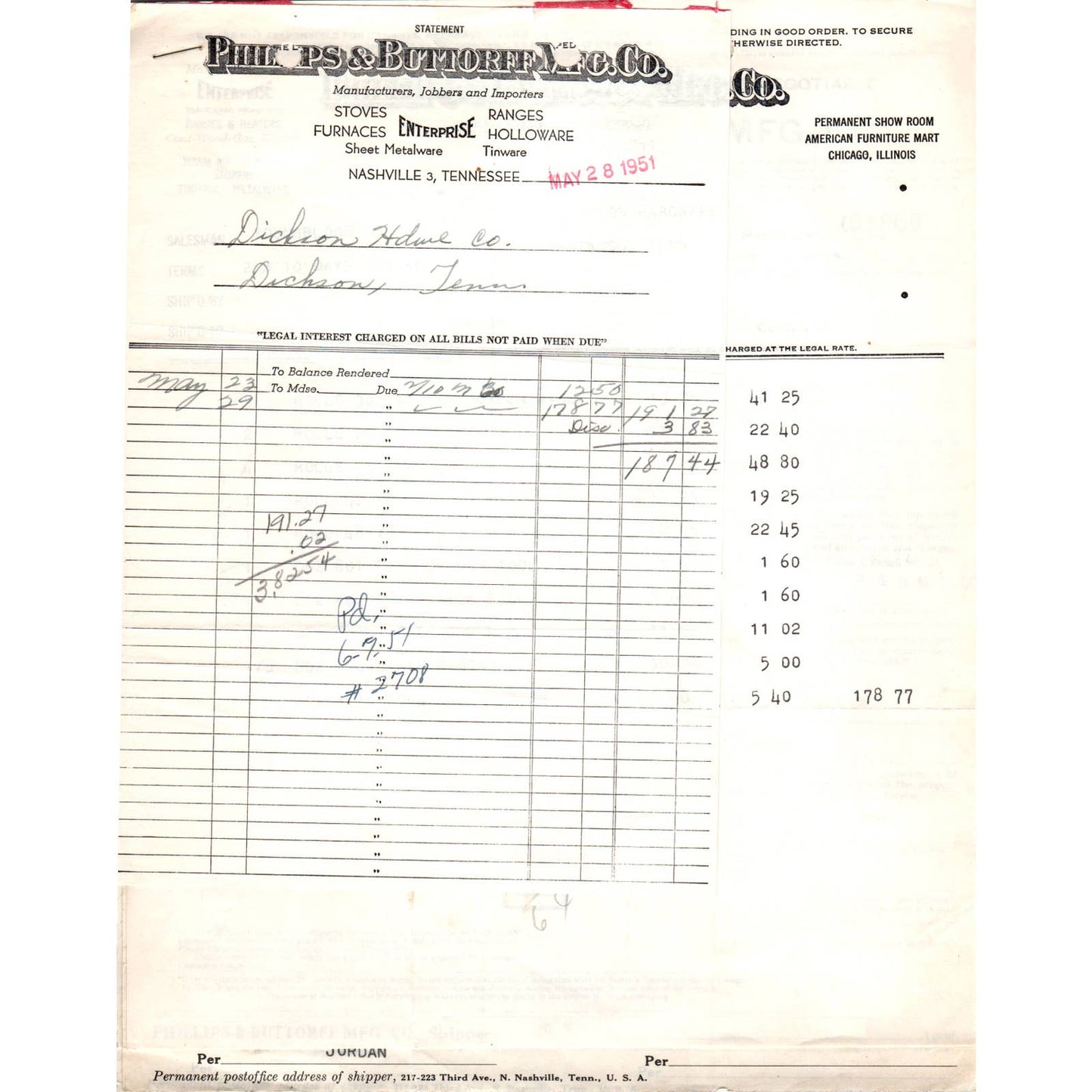 1951 Phillips & Buttorff Mfg Co Billhead Set Nashville TN AD5