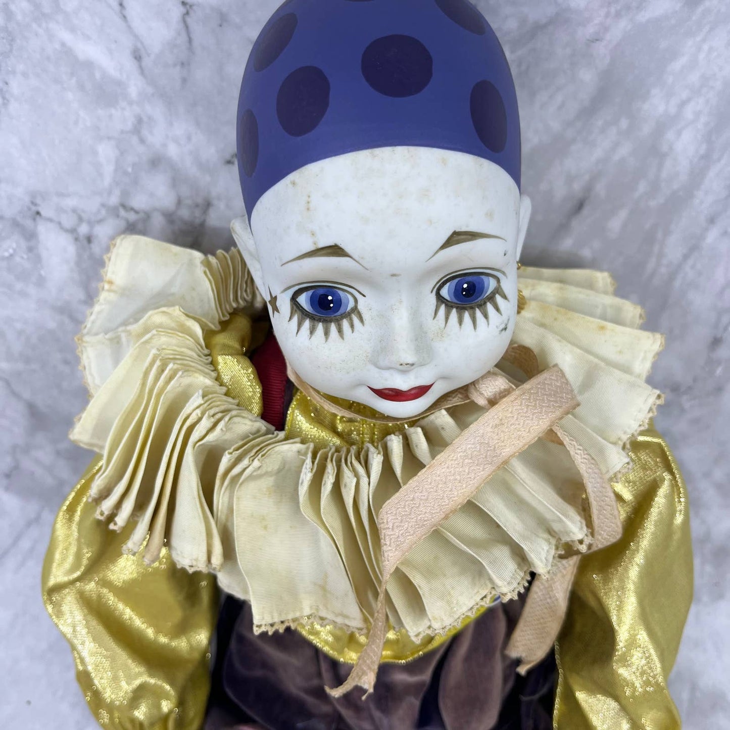 Madame Verte Large Musical Clown Pierrot Harlequin Doll Porcelain Sankyo 26”