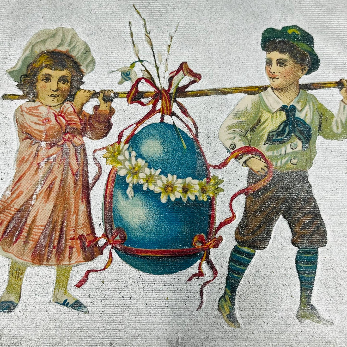 1910s Easter Post Card Embossed Silver Background Boy & Girl Carry Giant Egg PA5