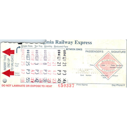 Vintage Virginia Railway Express Passenger Ticket SE8