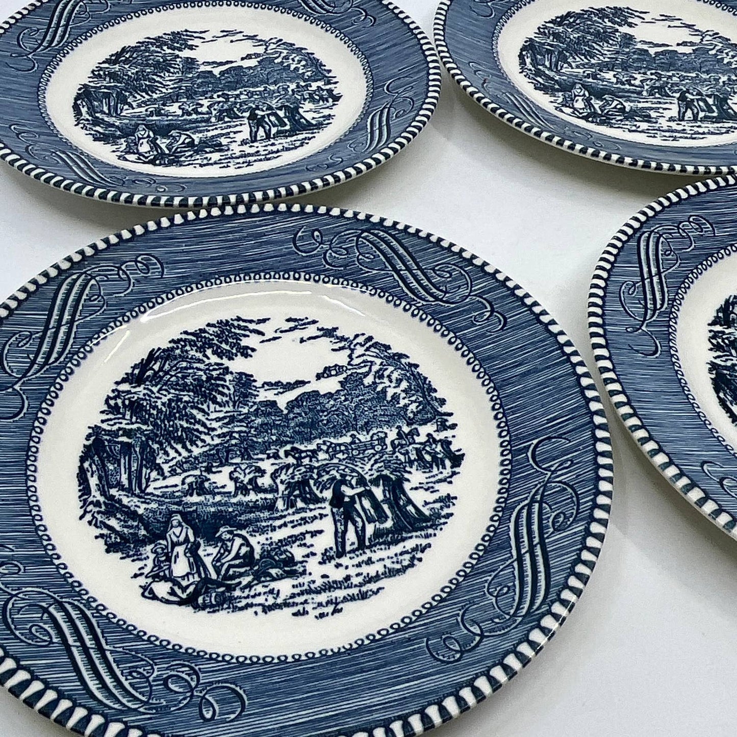 Currier & Ives BLUE Harvest Wheat Royal China Set 4 Dessert Bread Plates 6” TI3