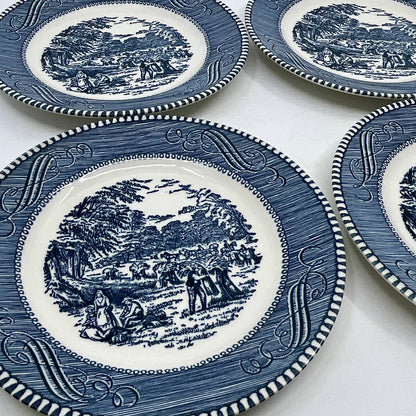 Currier & Ives BLUE Harvest Wheat Royal China Set 4 Dessert Bread Plates 6” TI3