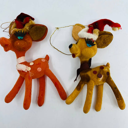 Vintage Celluloid Felt Flocked Santa Deer Christmas Tree Ornament 4" Set 2 TD2-1