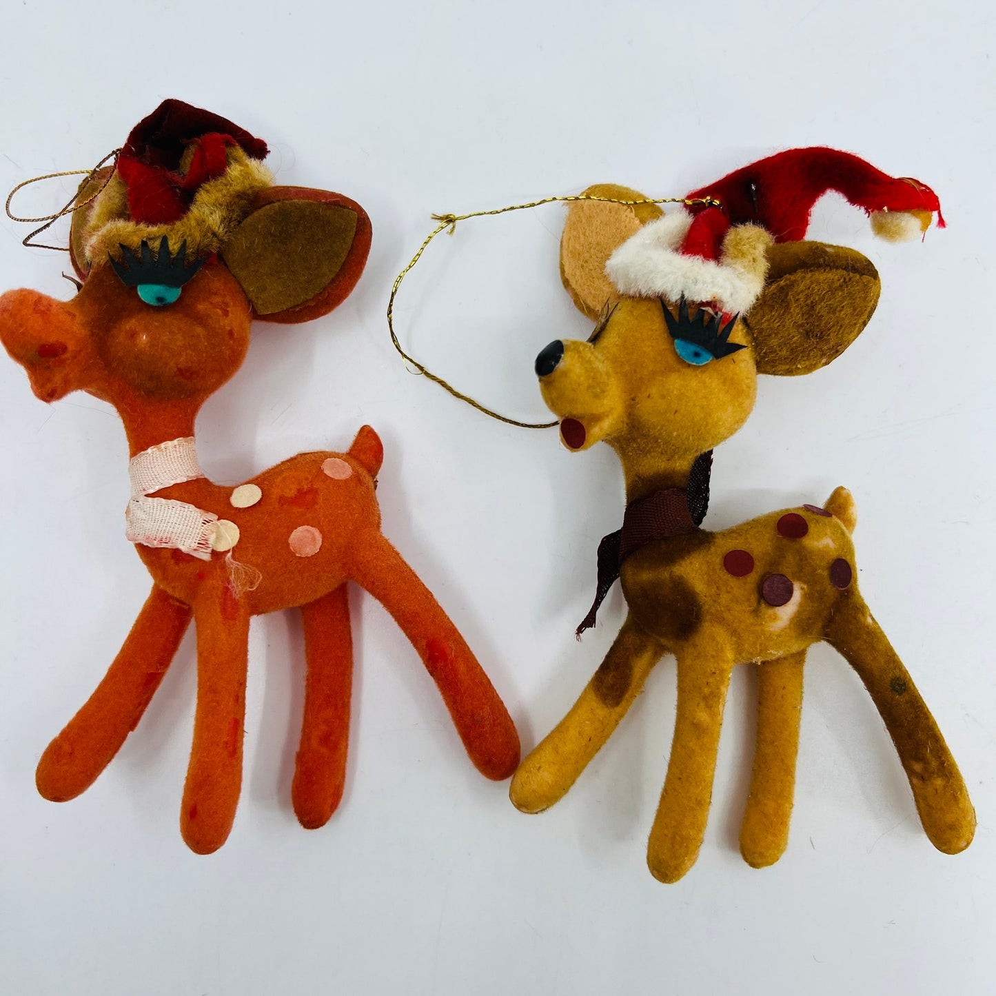 Vintage Celluloid Felt Flocked Santa Deer Christmas Tree Ornament 4" Set 2 TH9-1