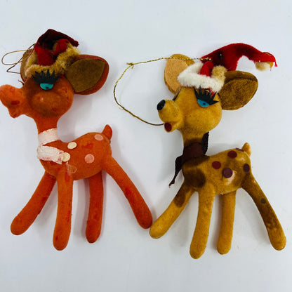 Vintage Celluloid Felt Flocked Santa Deer Christmas Tree Ornament 4" Set 2 TH9-1