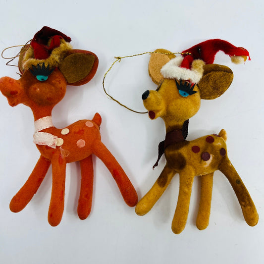 Vintage Celluloid Felt Flocked Santa Deer Christmas Tree Ornament 4" Set 2 TH9-1