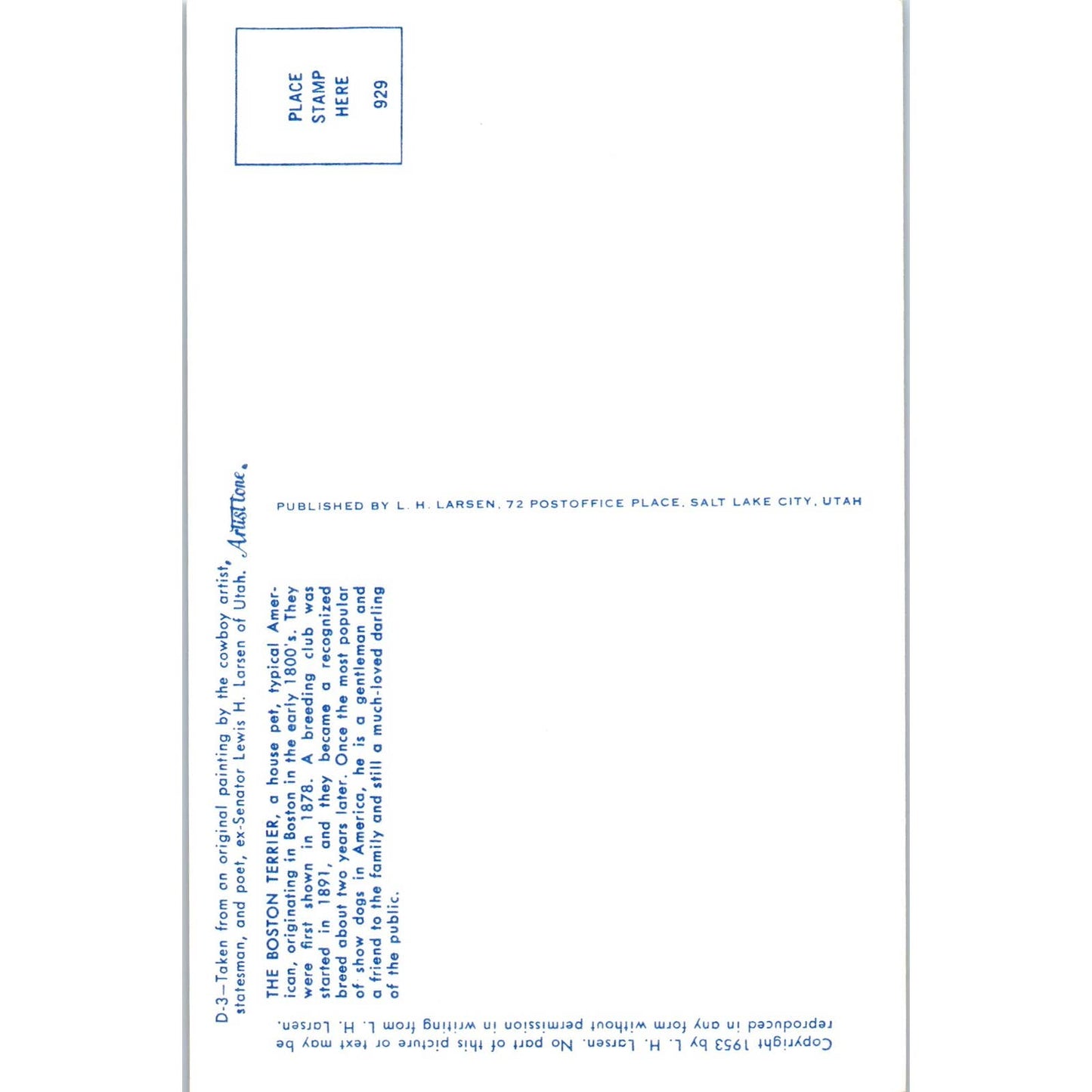 Lewis H. Larsen 1953 The Boston Terrier Painting Original Postcard TK1-27