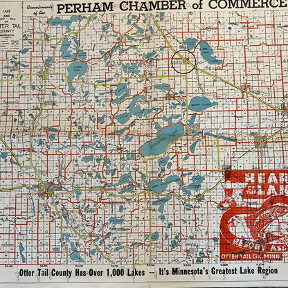 1951 Perham Chamber of Commerce Lake & Road Map of Otter Tail County 18x22" TG1