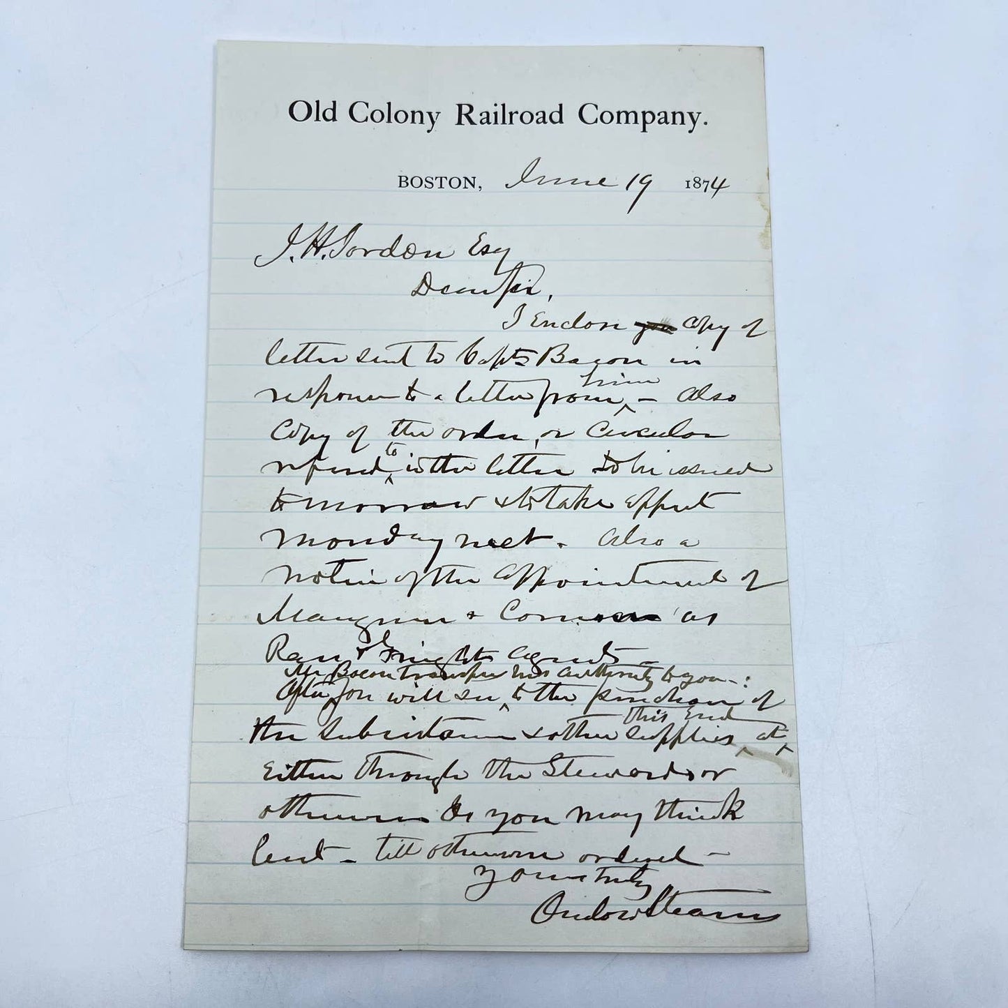 1874 Old Colony Railroad Boston MA Letterhead AB1