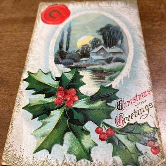 c1910 Embossed Gold Horseshoe Holly Country Christmas Greetings Postcard PA2