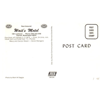 Vintage Postcard - Wait's Motel Everett Washington AD9