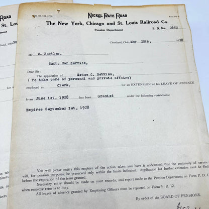 1928 New York, Chicago & St Louis Railroad Co. Leave of Absence Form Lot 2 AA9
