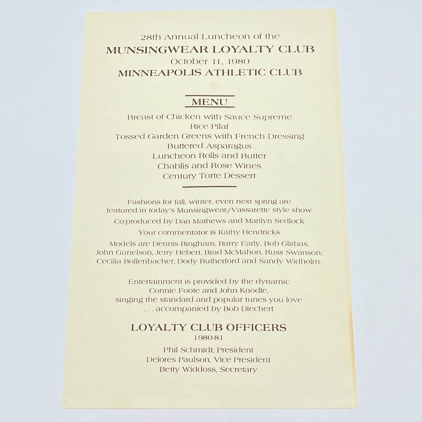 1980 Munsingwear Loyalty Club Annual Luncheon Menu Minneapolis Athletic Club AB8