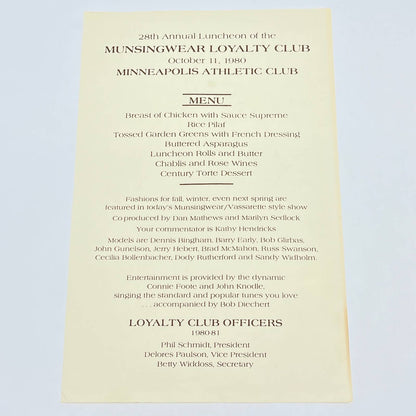 1980 Munsingwear Loyalty Club Annual Luncheon Menu Minneapolis Athletic Club AB8
