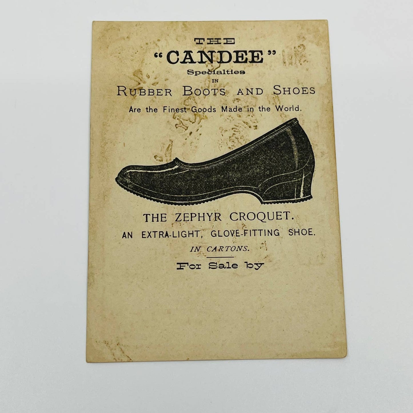 1880s Trade Card Summer Poem Dresden Embossed Candee Shoes & Rubbers AA2