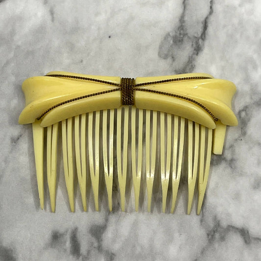 Vintage Art Deco Hair Side Comb Cream Filagree Bow Embellished SA2