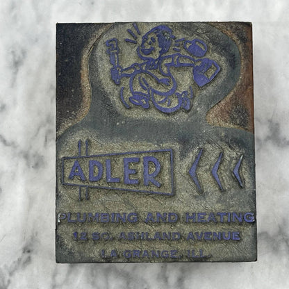 Vintage Printers Block Plate Adler Plumbing and Heating La Grange IL TJ54