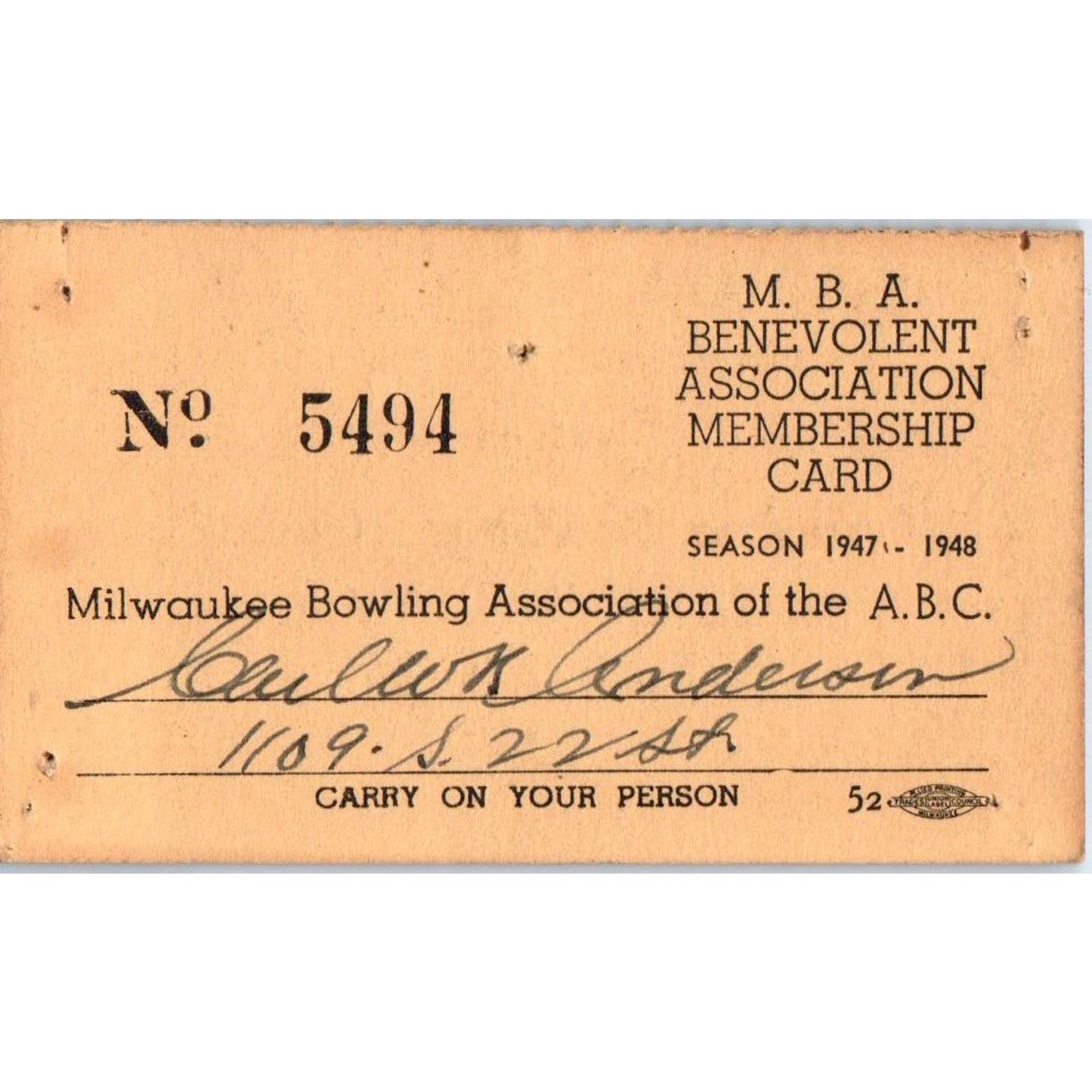 1951 Milwaukee Bowling Association Membership Card Carl W. K. Anderson SE5-4