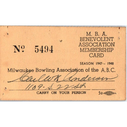 1951 Milwaukee Bowling Association Membership Card Carl W. K. Anderson SE5-4