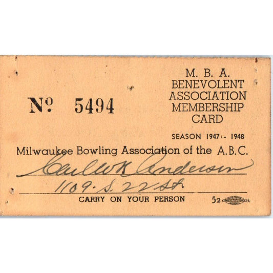 1951 Milwaukee Bowling Association Membership Card Carl W. K. Anderson SE5-4