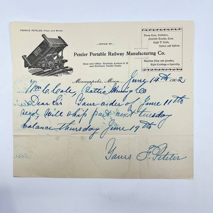 1902 Peteler Portable Railway Manufacturing Co. Letterhead Minneapolis MN AB2