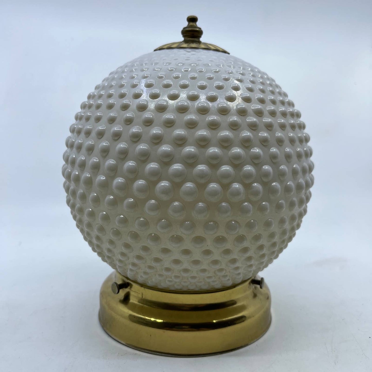 1960s MCM Brass Ceiling Light Fixture w/ White Hobnail Glass Globe 8.5" T14