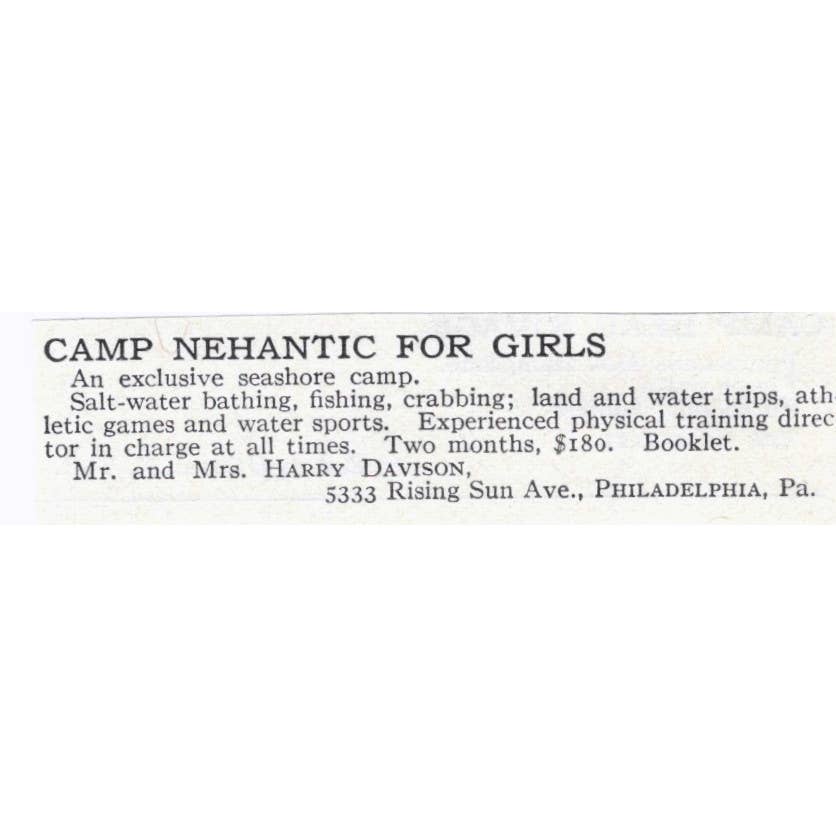 Camp Nehantic for Girls Harry Davison Philadelphia - 1921 Original Ad TJ7-S6