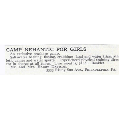 Camp Nehantic for Girls Harry Davison Philadelphia - 1921 Original Ad TJ7-S6