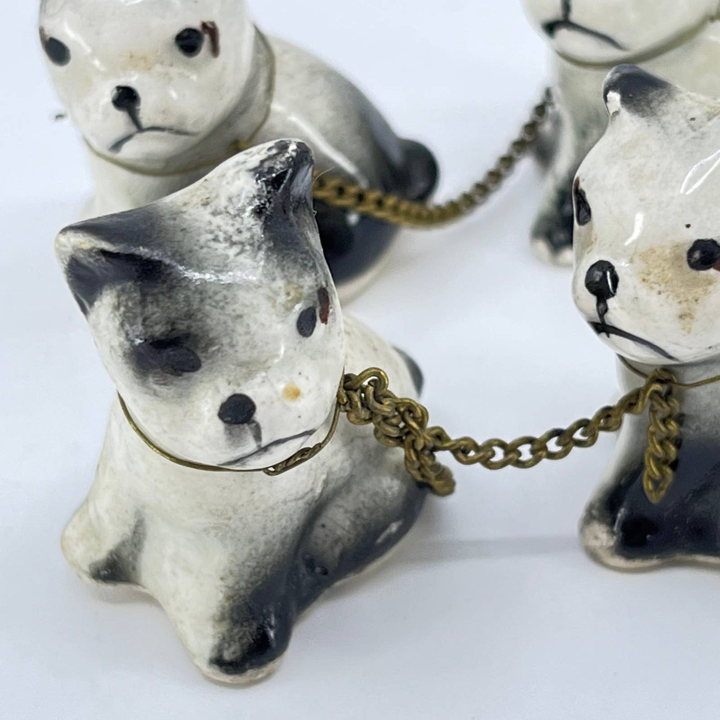 Vintage Set of 4 Porcelain Ceramic Painted French Bulldogs on Chain 1” SC8
