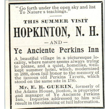 Ye Anciente Perkins Inn Hopkinton NH E.R. Guerin - 1921 Original Ad TJ7-L