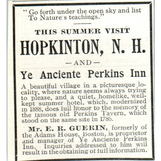 Ye Anciente Perkins Inn Hopkinton NH E.R. Guerin - 1921 Original Ad TJ7-L