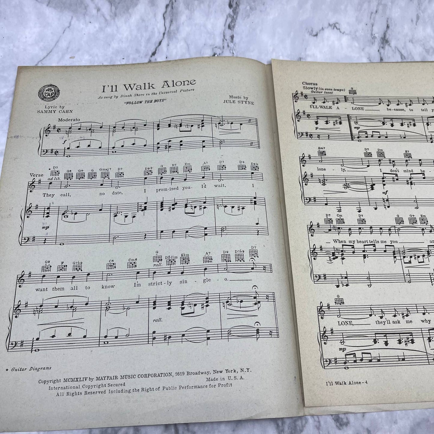 I'll Walk Alone by Cahn Styne (Vintage Sheet Music 1944 Mayfair) Dinah Shore TH5