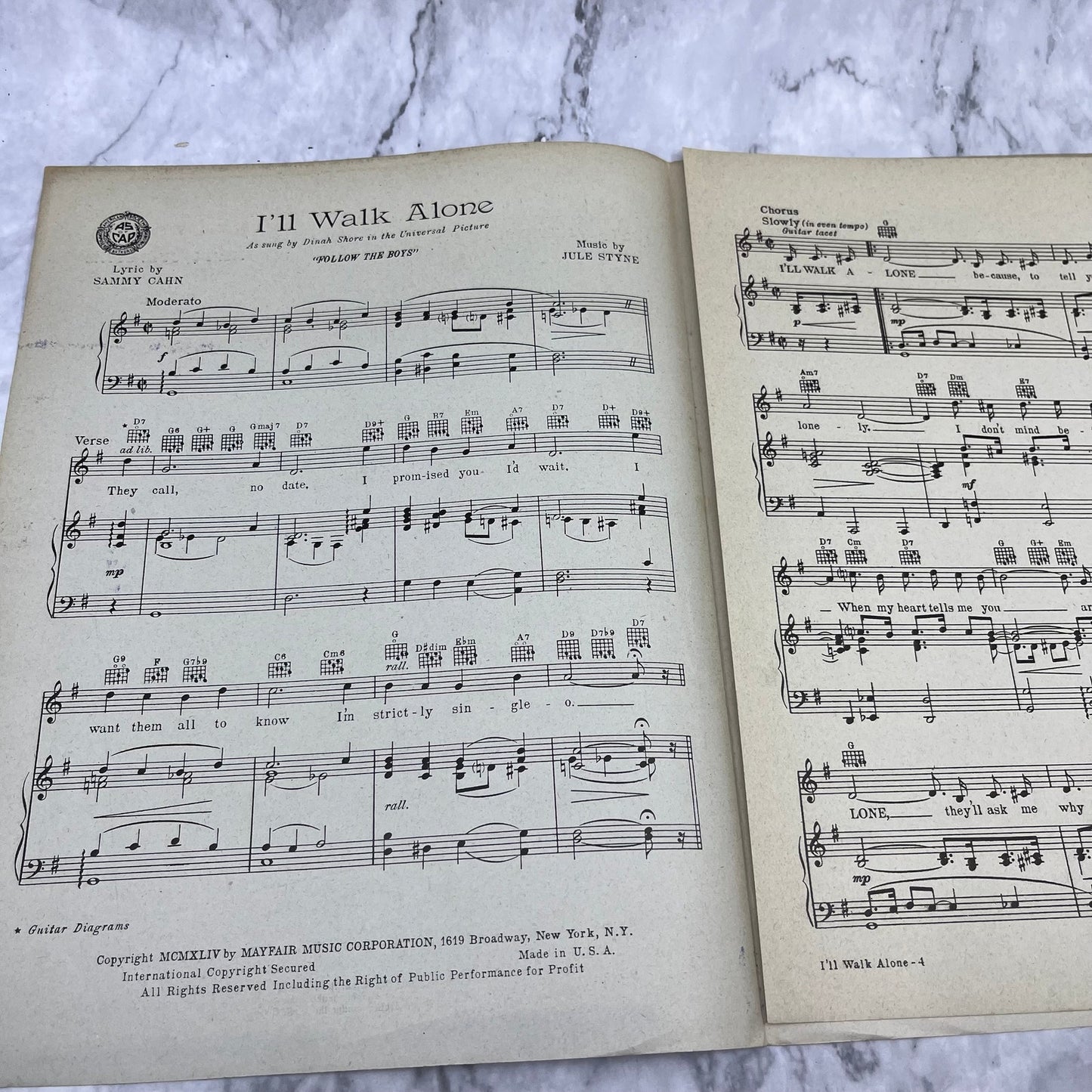 I'll Walk Alone by Cahn Styne (Vintage Sheet Music 1944 Mayfair) Dinah Shore V38